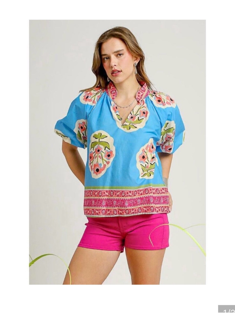 Umgee Bright Blue Floral V-Neck Blouse with Pink Trim
